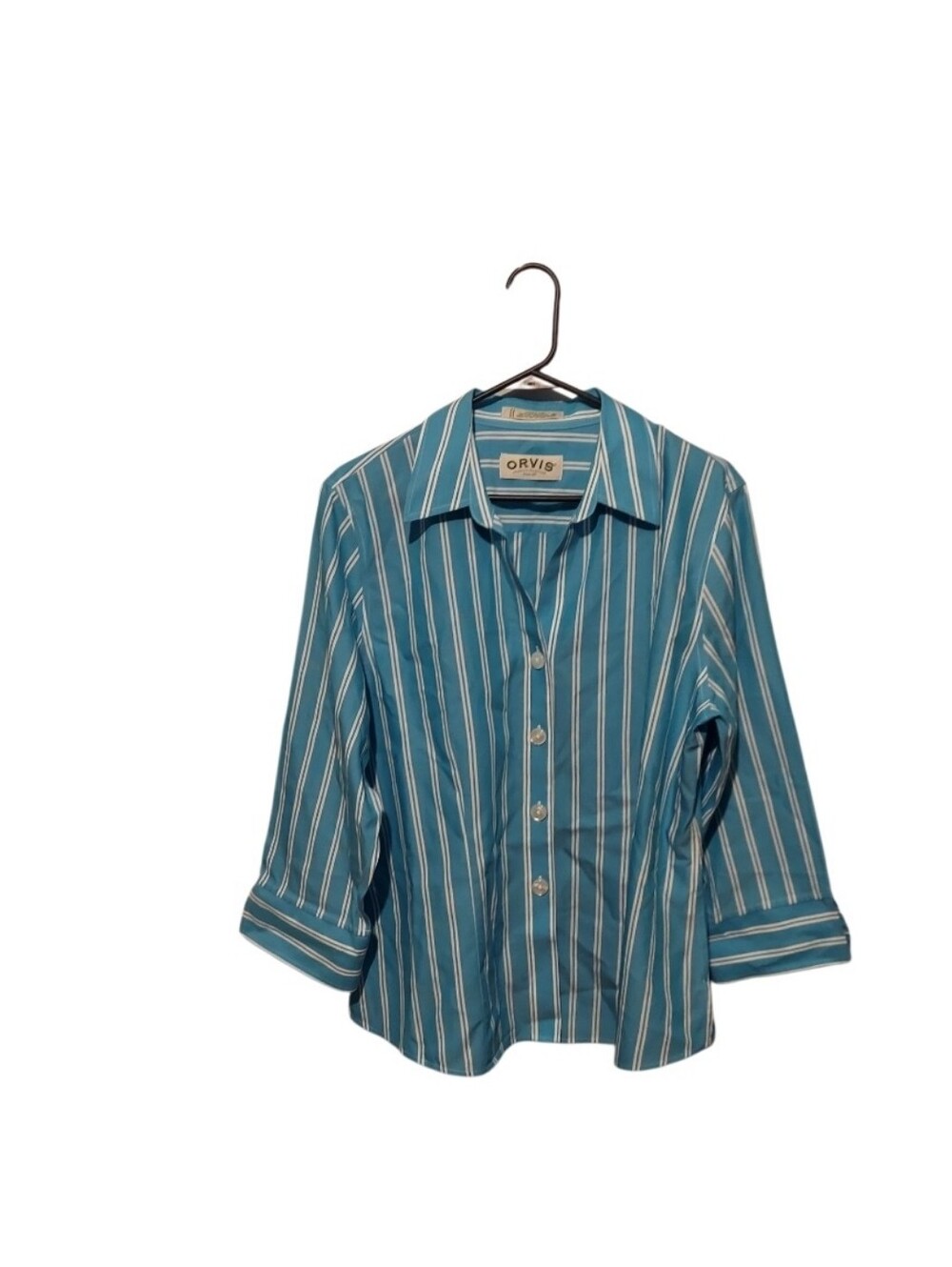 Orvis Womens Wrinkle Free Button Up Shirt 16 Stripe Blue Cotton Preppy Office